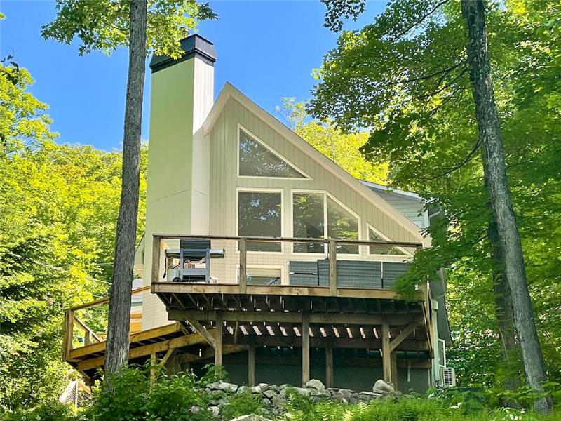 Chalet à flanc de montagne avec vue imprenable et accès au lac.