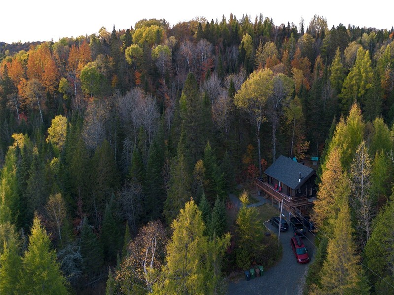 Chalet en bois rond en nature dans les Laurentides : 5 chambres, spa, foyer, sentiers, 100% équipé