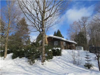 Chalet Shanti, log cabin, 1 hour from Mtl, access to the lake, fireplace, kayaks, air conditioning
