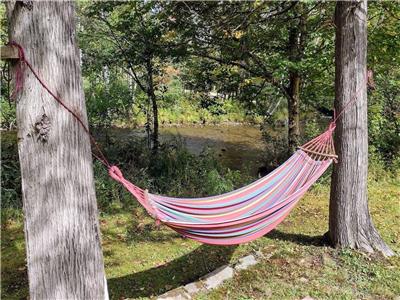 Chalet en forêt avec ruisseau baignable, île privée, sentiers VTT et foyer intérieur